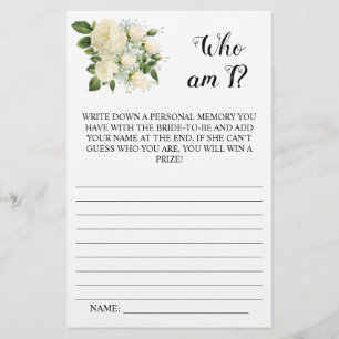 Who am I? White floral Bridal Shower Game Card