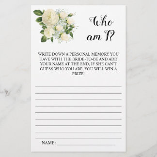 Who am I?  White floral Bridal Shower Game Card