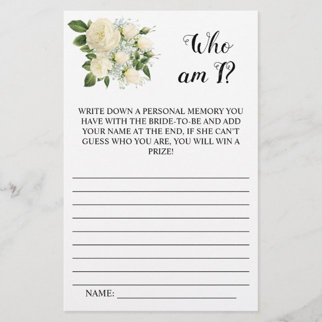 Who am I?  White floral Bridal Shower Game Card (Front)