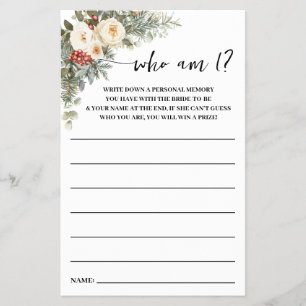 Who am I? Winter Flowers Bridal Shower Game Card