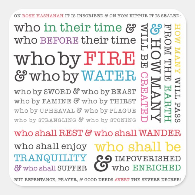 Who By Fire? Rosh Hashanah Graphic Square Sticker (Front)