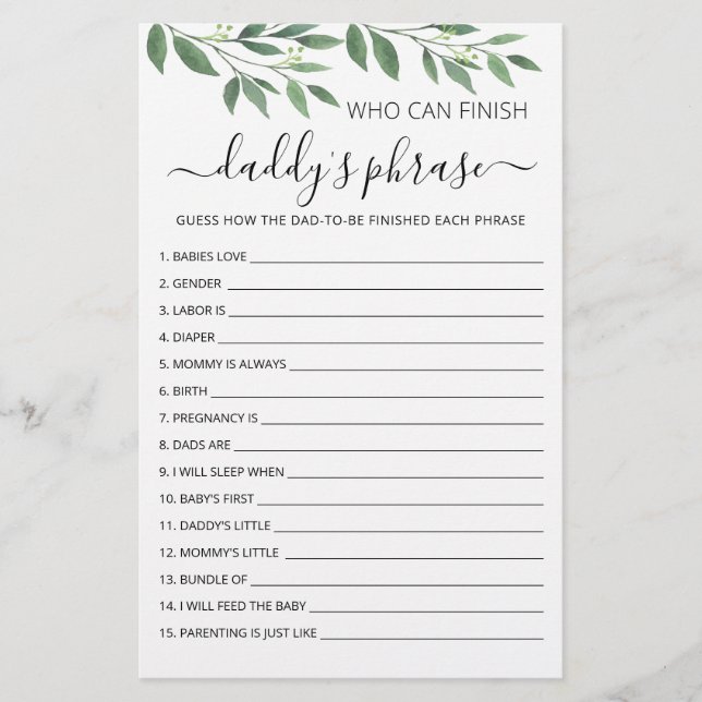 Who can finish Daddy's phrase Baby Shower Game (Front)