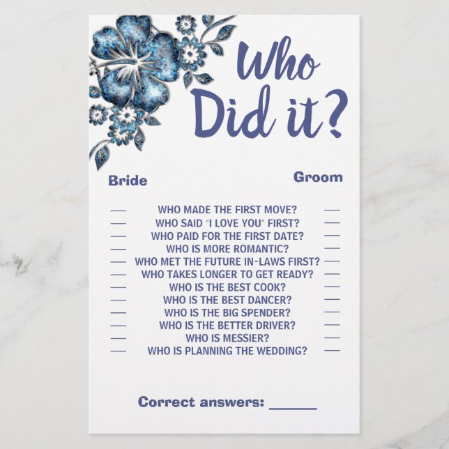 Who did it Shower Game Card Blue Flower (Front)