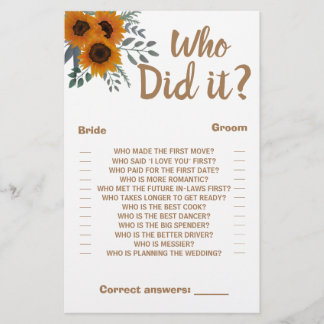 Who did it Shower Game Card Sunflowers Greenery