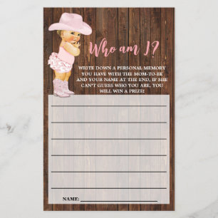 Who I am Cowgirl Pink Baby Shower Game Card