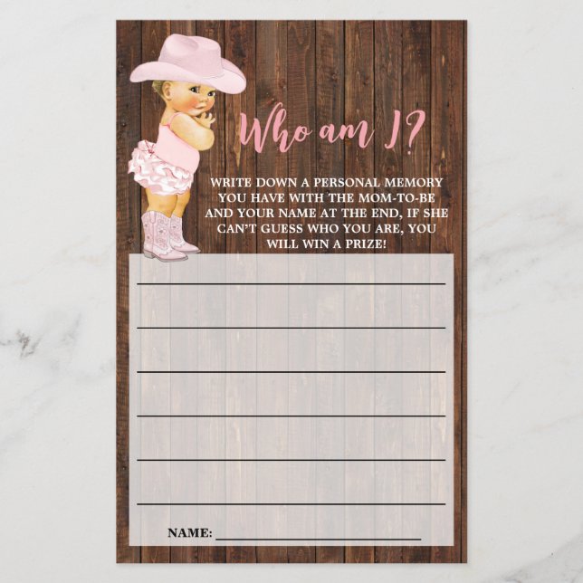 Who I am Cowgirl Pink Baby Shower Game Card (Front)