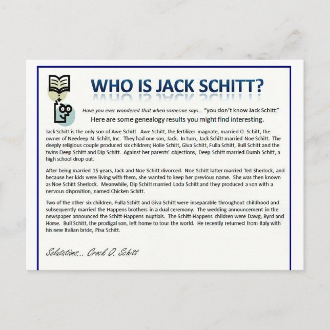 Who is Jack Schitt? Postcard (Front)