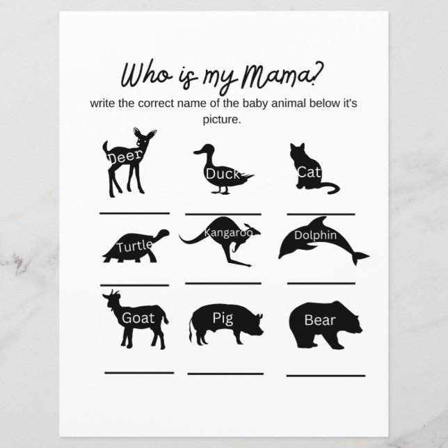 Who is my mama? Baby shower game with answers  (Front)
