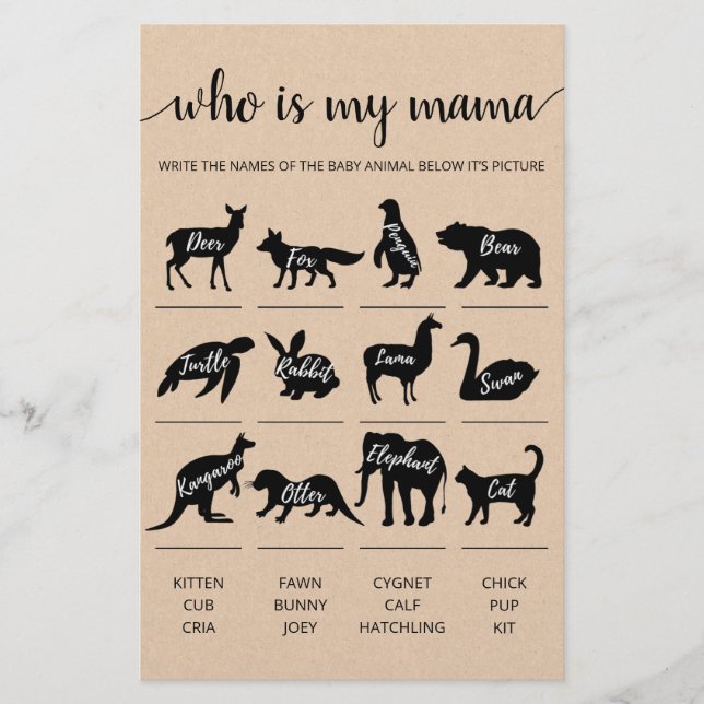 Who is my mama Game Baby Shower party game (Front)