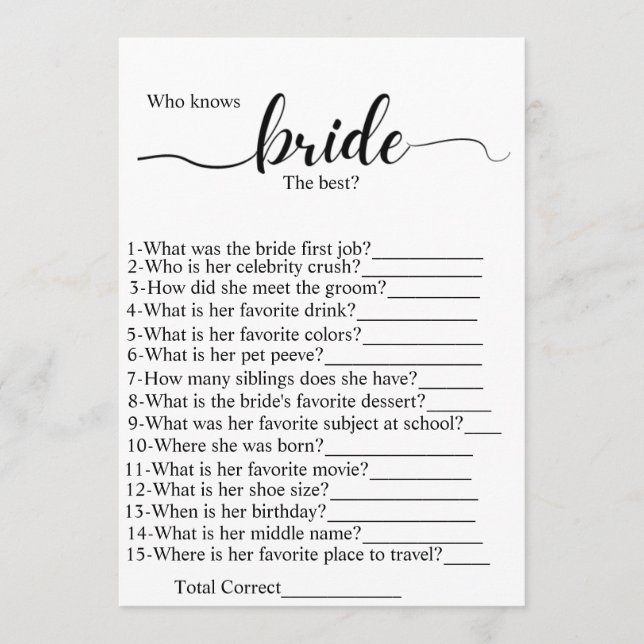 Who know the bride best bridal shower party game  programme (Front)