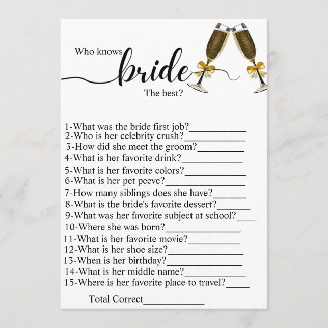 Who know the bride the best bridal shower games programme (Front)