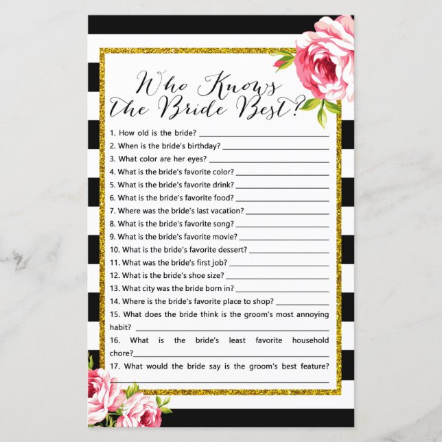 Who knows bride best - Bridal Shower Game (Front)