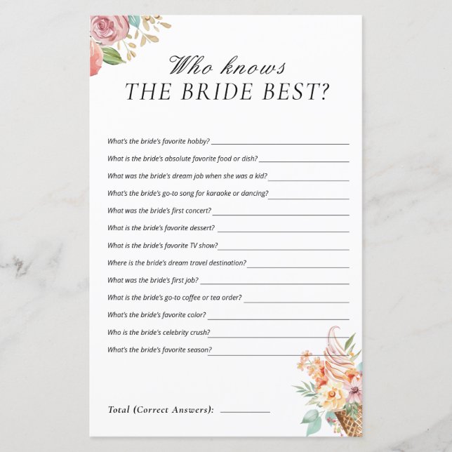 Who Knows Bride Best Scooped Bridal Shower Game (Front)