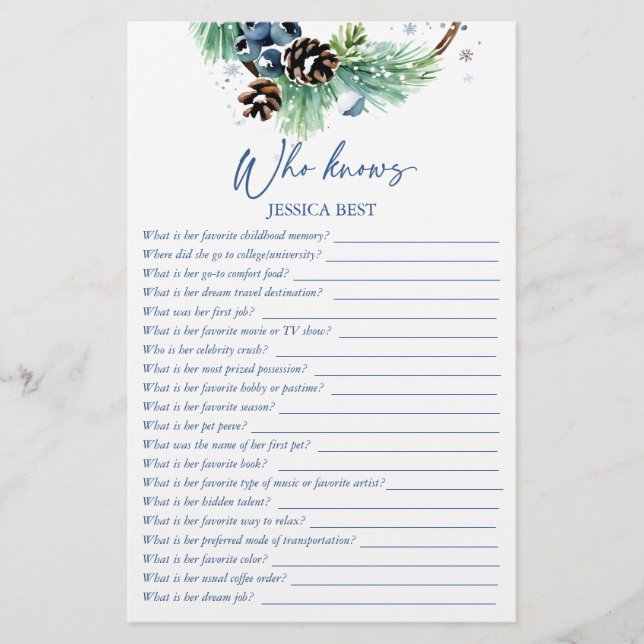 Who knows bride best winter bridal shower game stationery (Front)