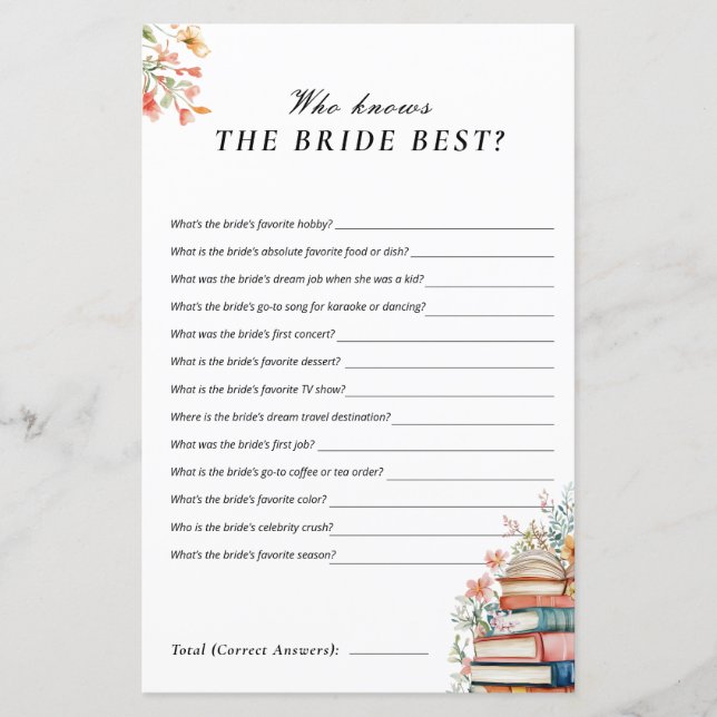 Who Knows Bride New Chapter Bridal Shower Game (Front)