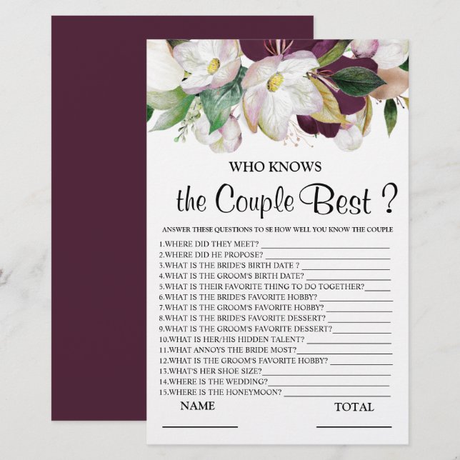 Who knows Couple best burgundy floral Bridal Game (Front/Back)
