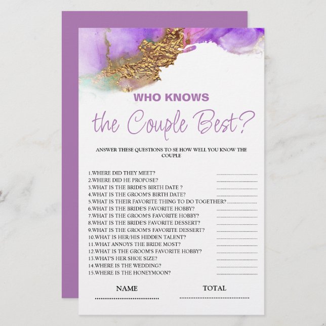 Who knows Couple best Purple Bridal Game (Front/Back)