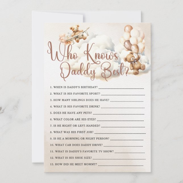 WHO KNOWS DADDY BEST Baby Shower Game Cute Bear Invitation (Front)
