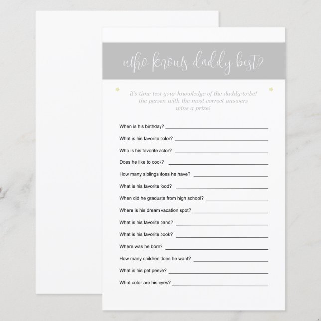 Who Knows Daddy Best Guessing Game Stars Modern (Front/Back)