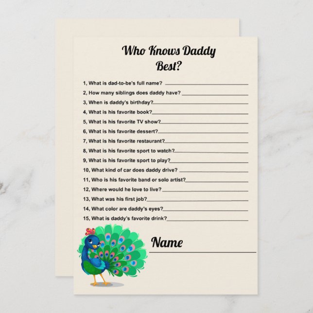 Who Knows Daddy Best Peacock Baby Shower Game Card (Front/Back)