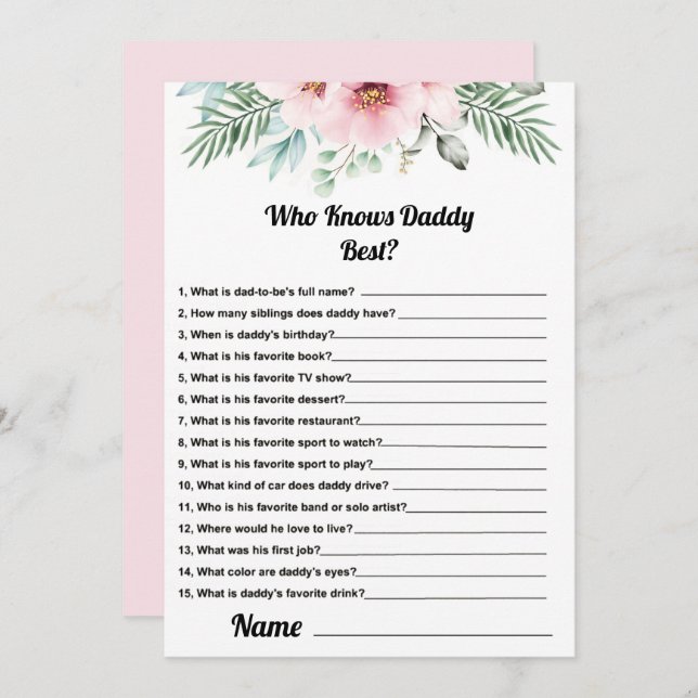 Who Knows Daddy Best Pink Baby Shower Game Card (Front/Back)