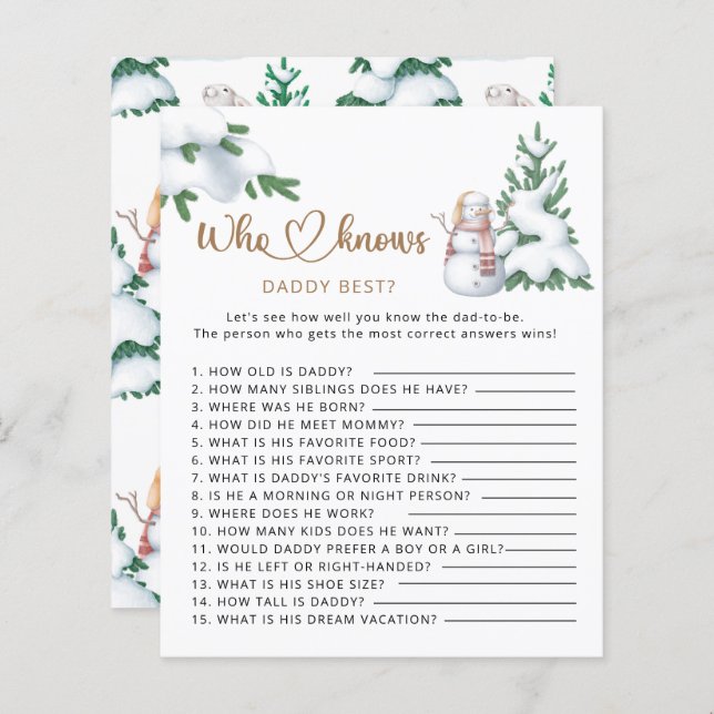 Who knows daddy best winter baby shower game (Front/Back)