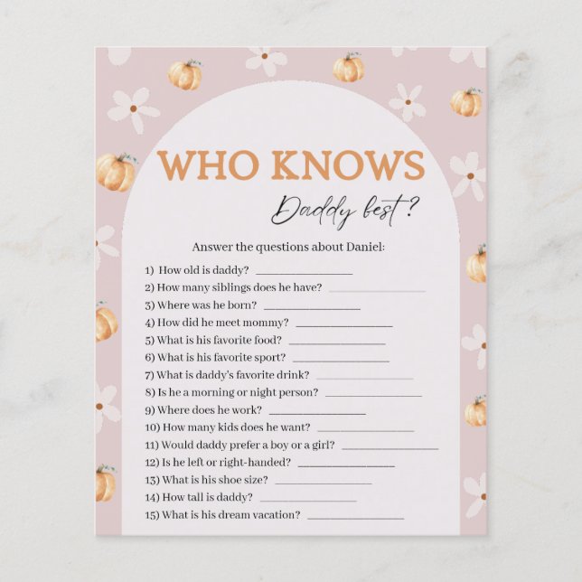 Who Knows Daddy Fall Pumpkin Baby Shower Game Card (Front)