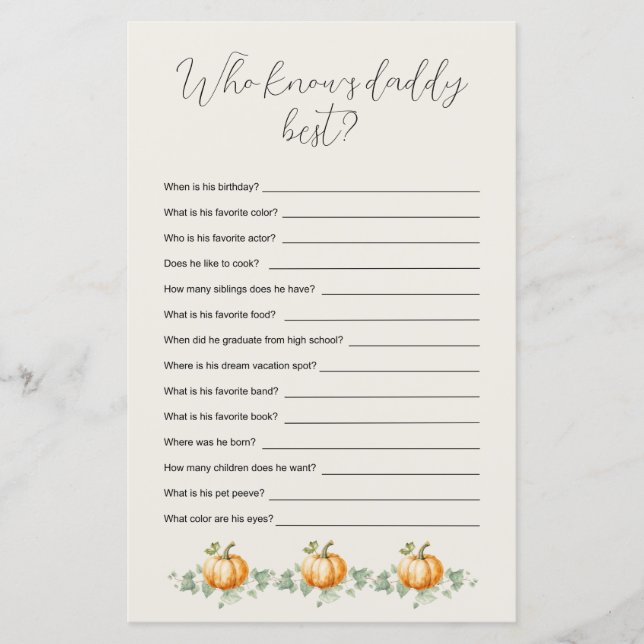 Who Knows Daddy Pumpkin Baby Shower Games (Front)