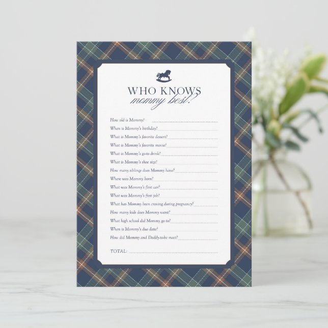 Who Knows Mommy Best Baby Shower Game Navy Plaid Advice Card (Standing Front)