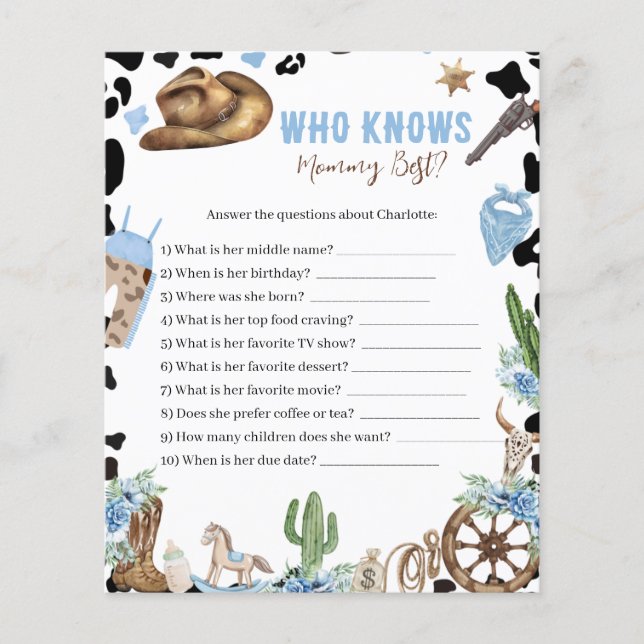 Who Knows Mommy Best Cowboy Baby Shower Game Card (Front)