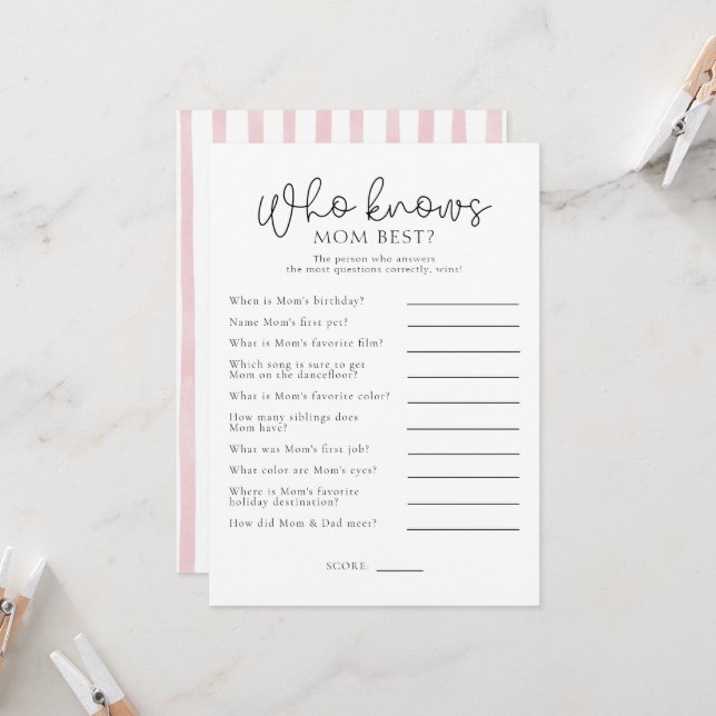 Who Knows Mum Best Baby Shower Game Card (Front/Back In Situ)