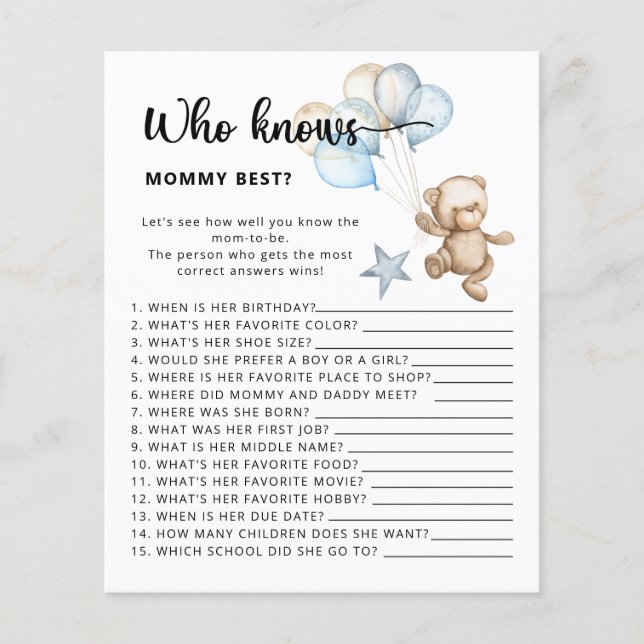 Who knows mummy best baby shower game (Front)