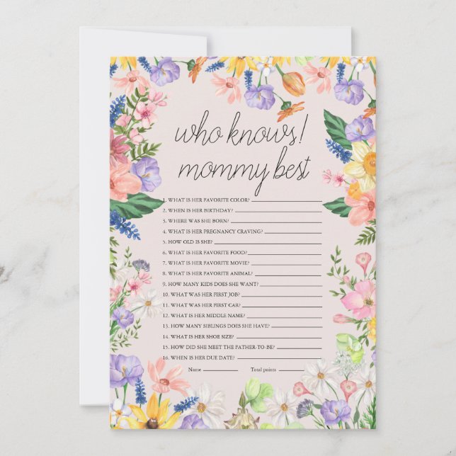 Who Knows Mummy Best Baby Shower Game Card (Front)