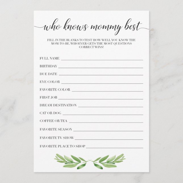 Who Knows Mummy Best Baby Shower Game Cards (Front)