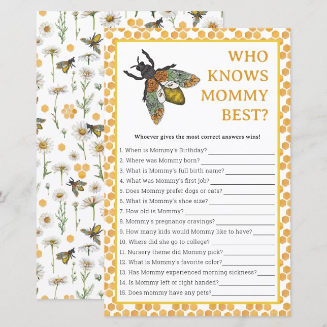 Who Knows Mummy Best Baby Shower Game | Honey Bee  (Front/Back)