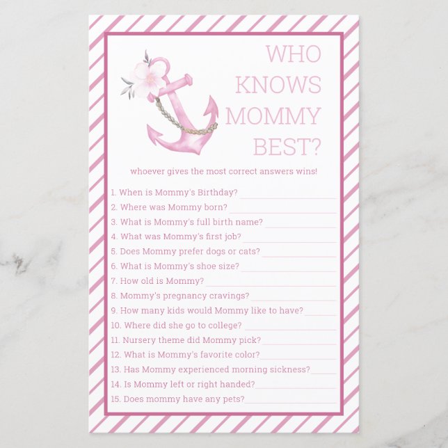 Who Knows Mummy Best Baby Shower Game | Nautical A (Front)