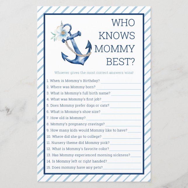 Who Knows Mummy Best Baby Shower Game | Nautical B (Front)