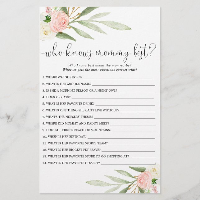 Who knows mummy best baby shower game pink gold (Front)