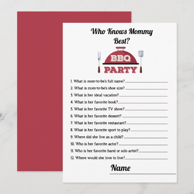 Who Knows Mummy Best BBQ Baby Shower Game Card (Front/Back)