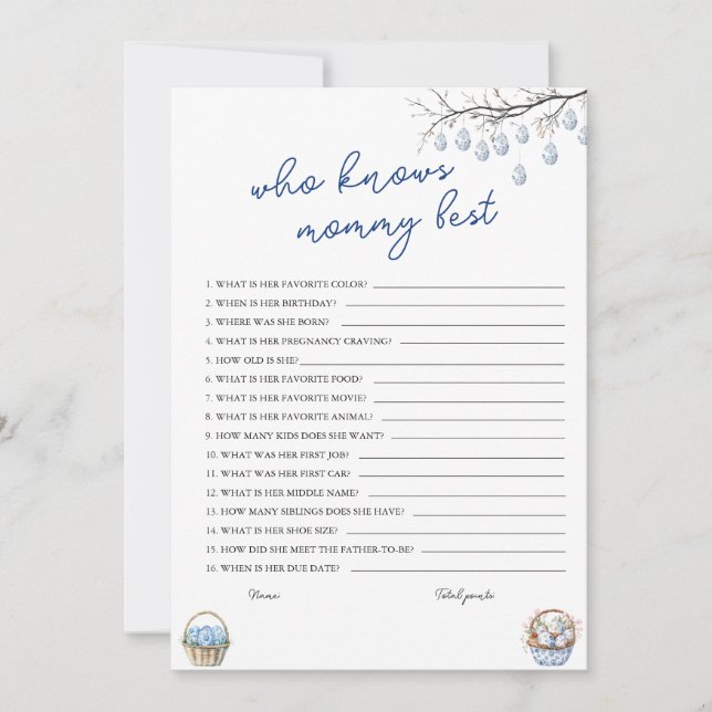 Who Knows Mummy Best Easter Baby Shower Game Card (Front)