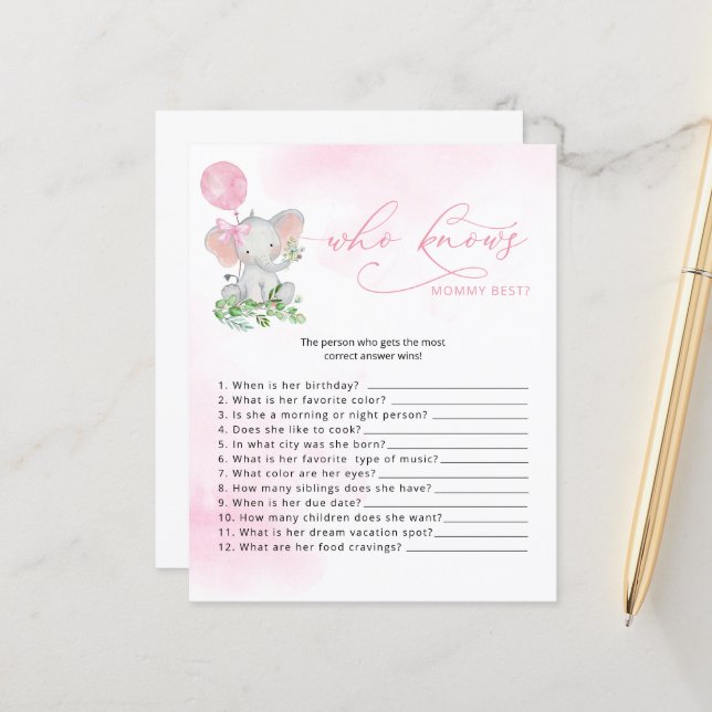 Who Knows Mummy Best Elephant Baby Shower Game (Front/Back In Situ)