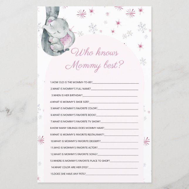 Who knows Mummy best Elephant Baby Shower Game (Front)
