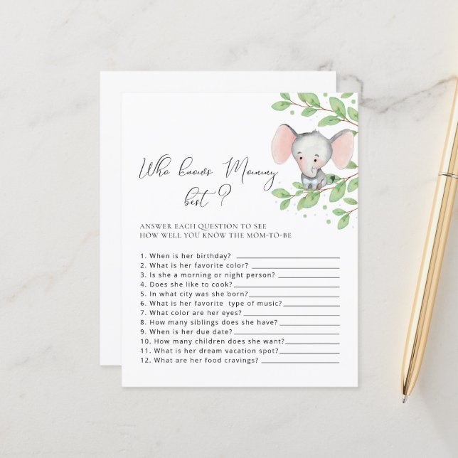 Who Knows Mummy Best Elephant Baby Shower Game (Front/Back In Situ)