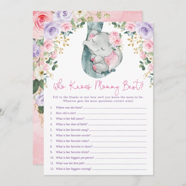 Who Knows Mummy Best Elephant Baby Shower Game Invitation (Front/Back)