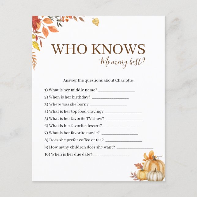 Who Knows Mummy Best Fall Baby Shower Game Card (Front)
