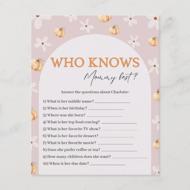 Who Knows Mummy Best Fall Baby Shower Game Card (Front)