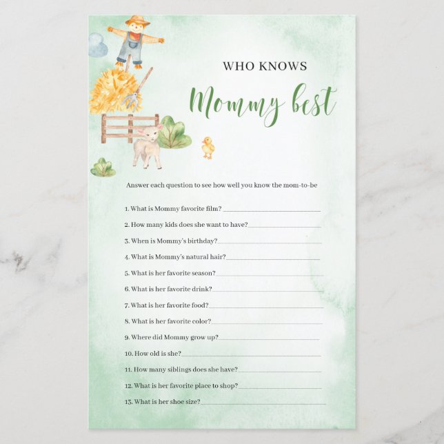 Who knows mummy best farm theme Baby Shower game (Front)