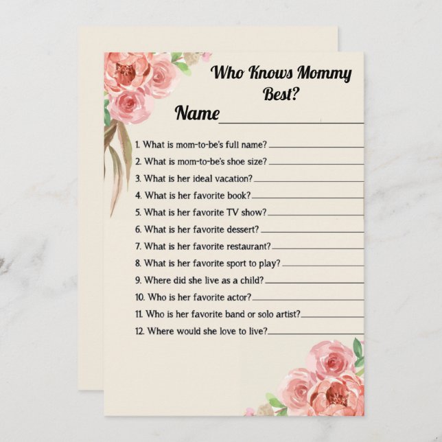 Who Knows Mummy Best Floral Baby Shower Game Card (Front/Back)