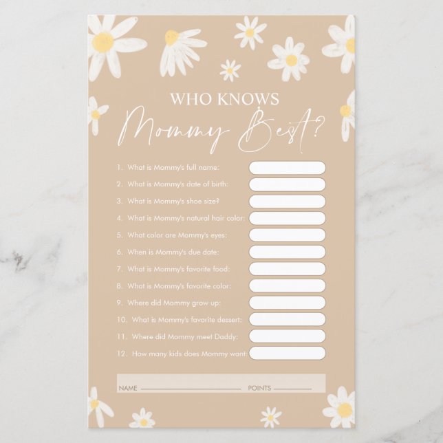  Who Knows Mummy Best Game, Baby Shower Card (Front)