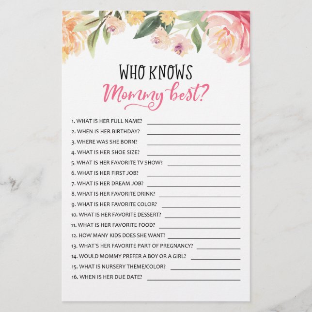 Who knows mummy best? Game Baby Shower Party game (Front)